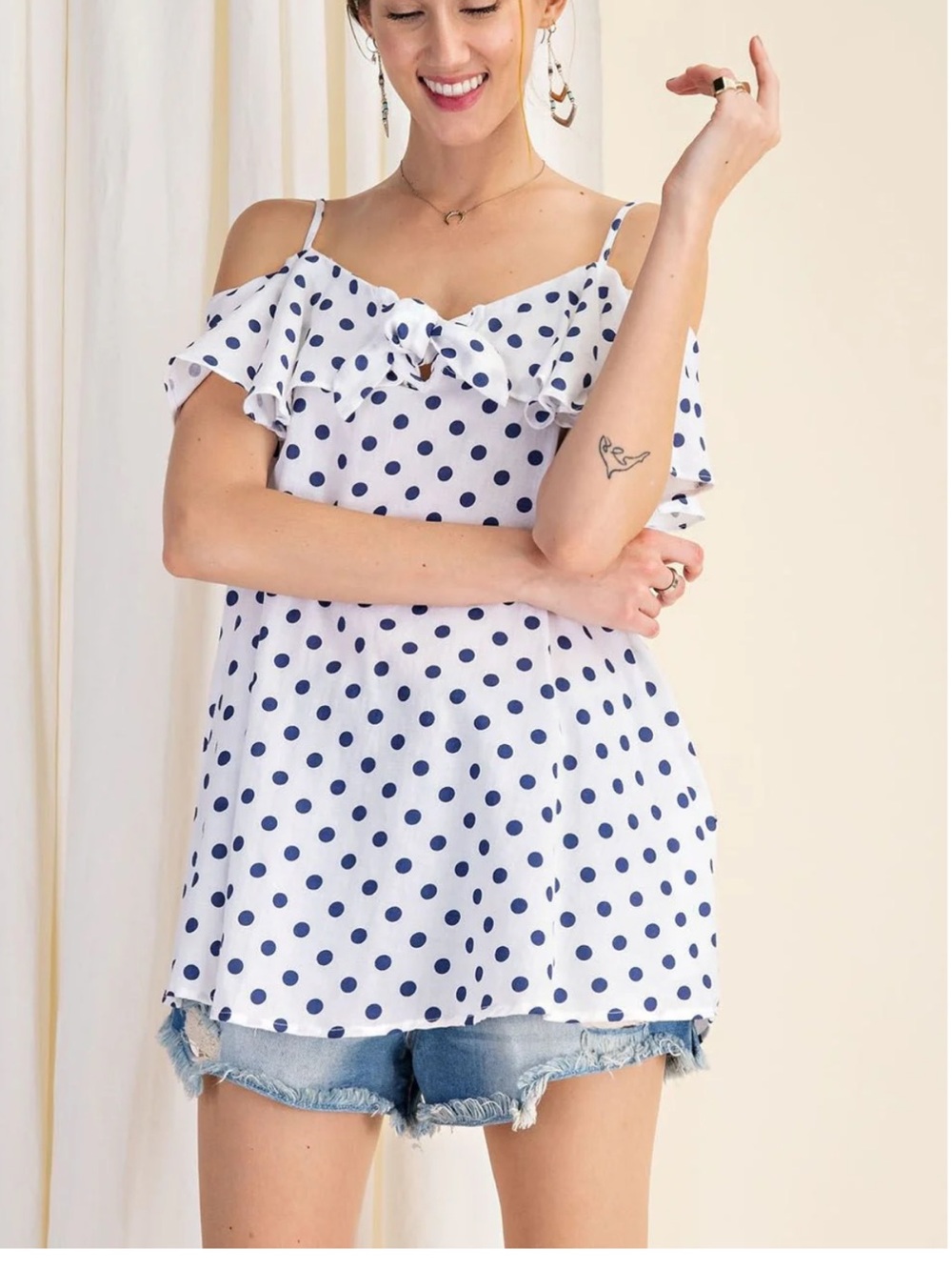 easel White & Navy Polka Dot Ruffle Cold-Shoulder Camisole Top